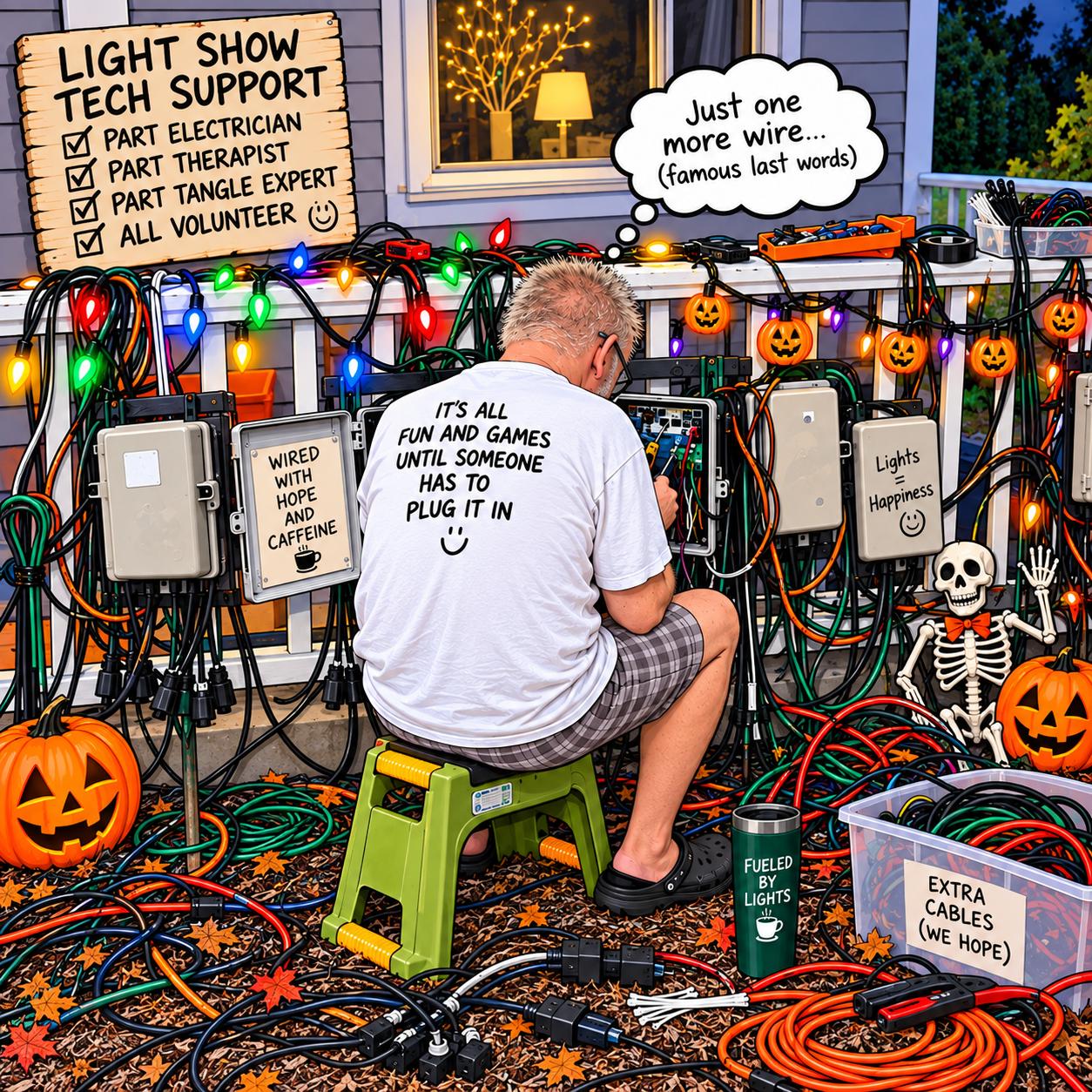 Humorous illustration of Lightmare light show setup with tangled cables
